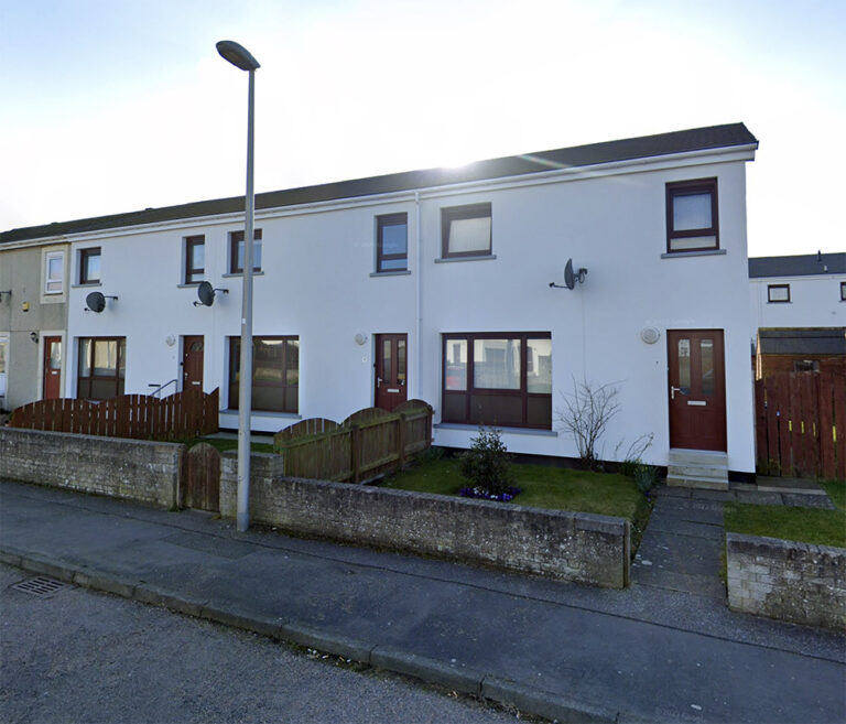 Macraes, Fraserburgh: white rendered terraced houses with front gardens