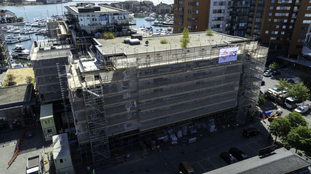 Scaffold and IRS banner on The Blake Building, Southampton, seen from the air