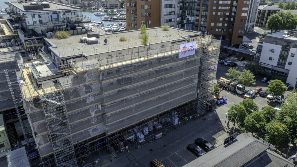 Scaffolded elevation of The Blake Building, Southampton, from above