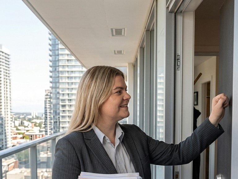 Resident Liaison Officer knocking on the door of a flat, holding resident letters