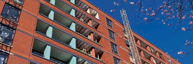 Cooper House, Hulme, Manchester: balconies on the nine-storey block