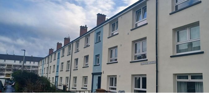 Rendered blocks of flats at Magdalene Gardens, Edinburgh